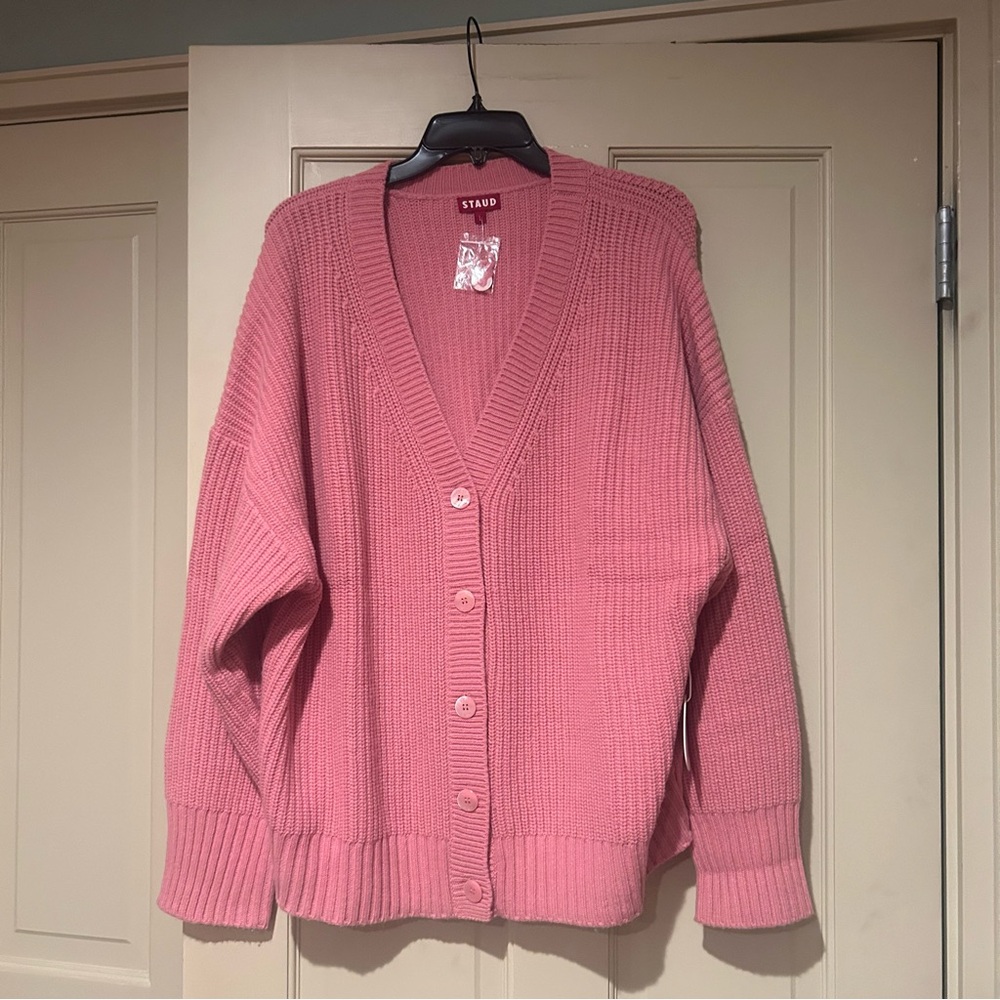 STAUD Pink Ribbed V-Neck Button Cardigan Sweater